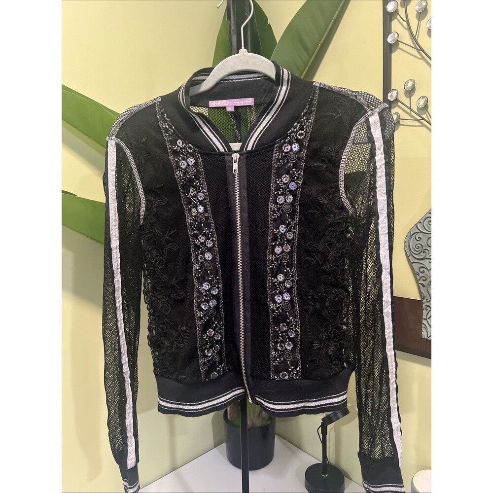 Hale Bob Beads Floral Sequins Lace Mesh Sleeves Back Zipper Jacket Size Small